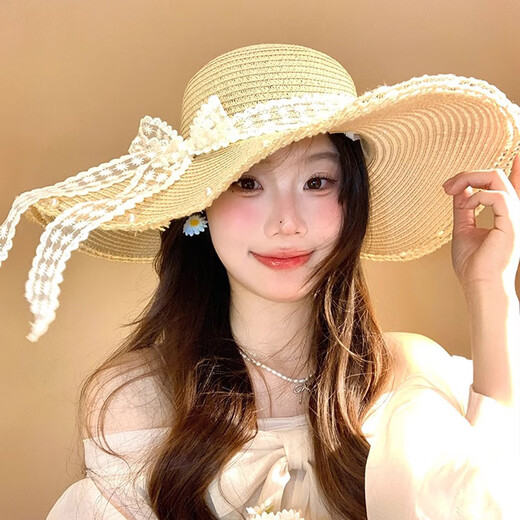 逸兼法式蕾丝蝴蝶结草帽女夏季度假风大帽檐遮阳帽海边沙滩太阳帽 平檐遮阳帽【棉纱边钉珠-米色】