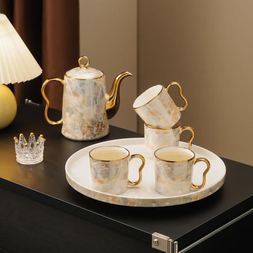 Yanze Light Luxury Wedding Gifts Wedding Gifts for the Couple Tea Set Glass Cup Ceramic Cup Housewarming Gift Swan Stone Pattern Eight-piece Set-Gift Box