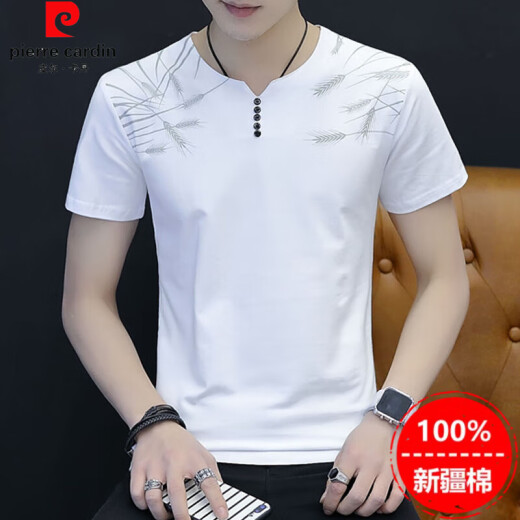 Pierre Cardin reines Baumwoll kurzärmelige Männer Chicken Heart Hals T-Shirt Feste Farbe Einfacher V-Ausschnitt Sommer Koreanischer Stil Trendy Marke Jugend Basis Top White 691 M Empfohlen 90-100 Jin [Jin ist 0,5 kg]