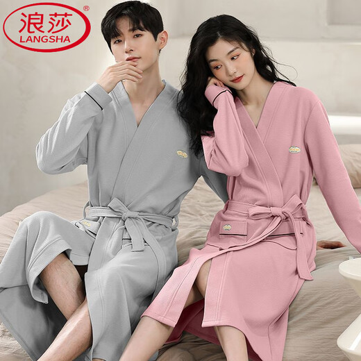 
LangSha (LangSha) high-end couple nightgown spring and autumn pure cotton long lace-up yukata mid-length casual men and women's home clothes bathrobe JB27834 women-JB16834 men M single women