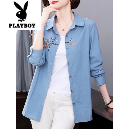 Playboy (PLAYBOY) pure cotton long-sleeved shirt women's tops 2025 spring and autumn new style middle-aged mother ladies large size versatile shirt jacket purple M recommended 85-105 Jin Jin equals 0.5 kg
