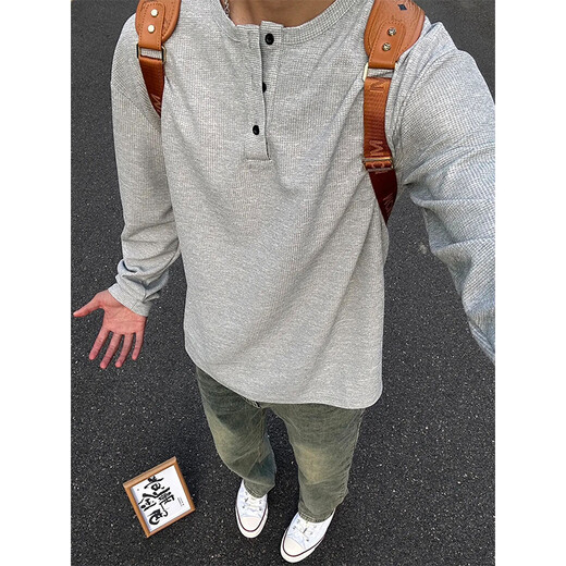 Du Xiaoxian light gray Henry collar long-sleeved T-shirt men's spring and autumn trendy brand casual bottoming shirt American heavy sweater light gray XL recommended 120-140Jin Jin equals 0.5 kg