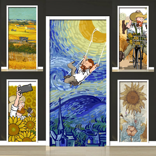 
Yonghuan Starry Sky Oil Painting Famous Painting Door Sticker Renovation Self-adhesive Door Wall Decoration Glass Wardrobe Door Sticker MT3291 White Background Glue Small