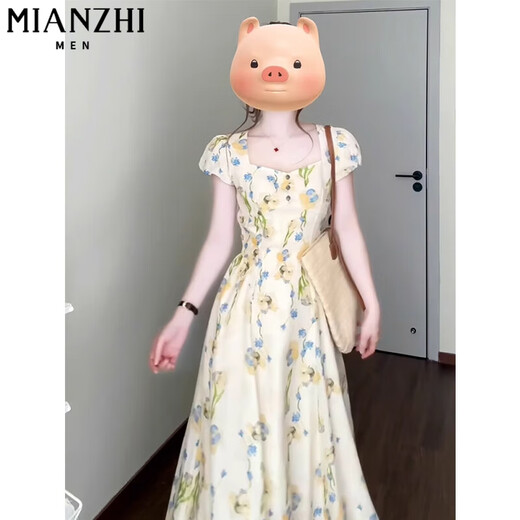 
Cotton French tea break seaside vacation square collar dress for women in summer 2025 new waist-hugging and slimming temperament floral long skirt C4L52836 apricot color [high quality 56] L 100-115Jin [Jin equals 0.5 kg]
