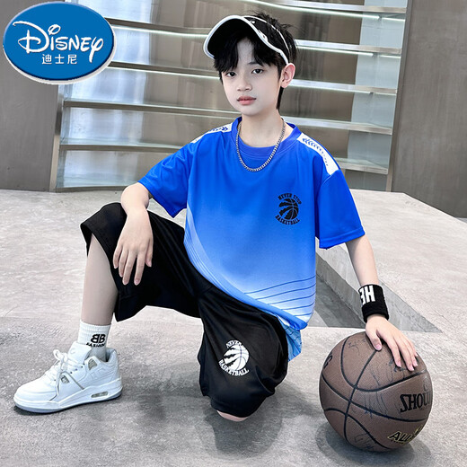 迪士尼（Disney）男童夏装冰丝球衣运动服套装2025新款中大童夏季短袖宽松速干球服 深灰色--9922款 120 cm