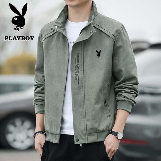 PLAYBOY Jacket Men's Spring and Autumn Casual Young and Middle-aged Thin Stand Collar Versatile Outdoor Sports Jacket Army Green XL