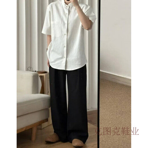 Ketuk new Chinese style cotton and linen textured short-sleeved shirt for men and women Henry collar cardigan shirt summer retro lazy jacket black L