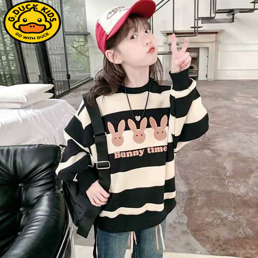 G.DUCKKIDS女童卫衣秋装2025新款中大童洋气春秋款小女孩秋冬季加绒上衣 黑白条纹春秋款 不加绒 120 建议身高115以内