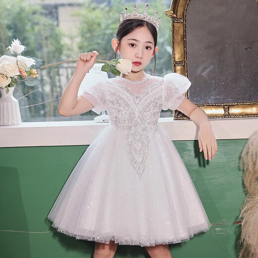 Bamino Girls 'Kleid leichte Luxus Sommer Kinder Klavier Performance Anzug Geburtstag Blumenmädchen Gastgeber Prinzessin Kleid Weiß 160