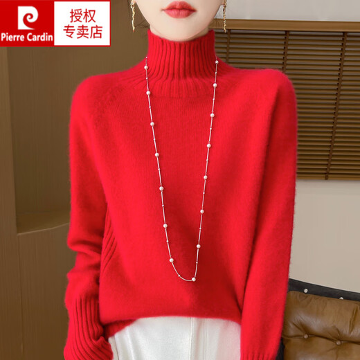 Pierre Cardin 100% pure wool sweater thickened turtleneck bottoming shirt for women 2025 autumn and winter new style loose large size knitted sweater raw velvet rice M (90-105Jin Jin is equal to 0.5kg)
