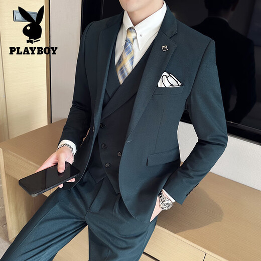 Playboy (PLAYBOY) high-end suit suit, men's groom's wedding dress, men's slim suit, business commuter suit, British style three-piece suit, dark green suit + trousers + vest 2XL