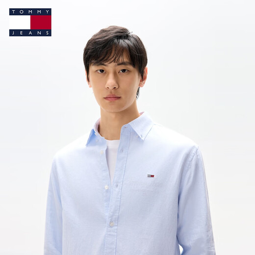 TOMMY JEANS cotton and linen blend autumn and winter men's solid color business casual simple resort style long-sleeved shirt jacket light blue C3Q M