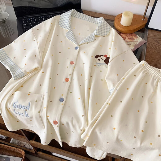 
Miao Dai Po dot puppy cartoon pajamas for women pure cotton summer 2025 new student cute short-sleeved loose home clothing set apricot color L (165)