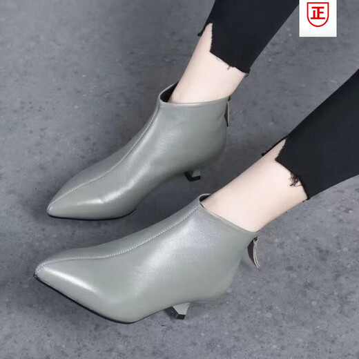 百丽踏系列品牌断码真皮细跟小裸靴2025年秋冬新款尖头高跟软皮气质百搭 灰绿【5公分跟高】棉里 37