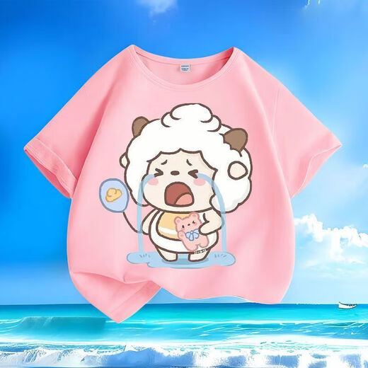 
Crying Lazy Sheep Summer New Printed Men and Women Small and Medium Children Short Sleeve T-shirt Pure Cotton Round Neck Casual Trend-SL Pink-KX698 Lazy 150 [Suggested height 140-150 cm]