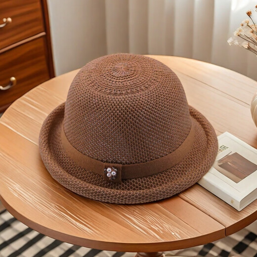 Woodpecker Thin Knitted Basin Hat Women's Fashion Versatile Hollow Top Hat Sun Hat Sun Protection Hat Leather Pink M (56-58cm)