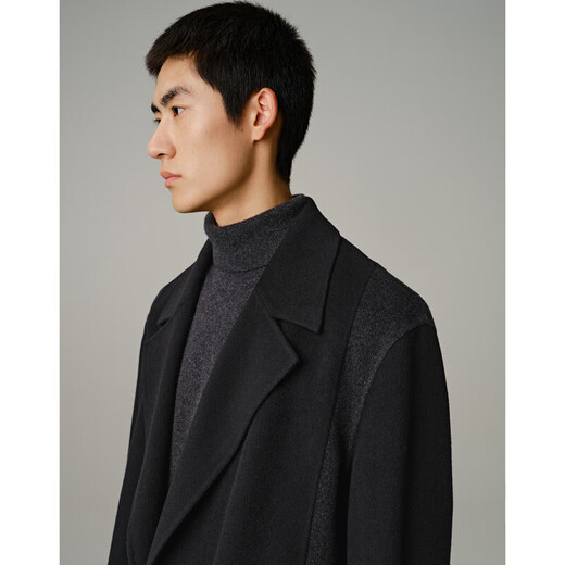 PEACEBIRD Men's Wool Jacket Mid-Length Casual Lapel Double-Breasted Black Woolen Coat Men Black 1 (Loose) S