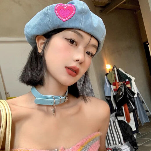 爱心牛仔贝雷帽女春夏季韩版显脸小百搭蓓蕾画家帽日系大头围帽子 牛仔C标-中蓝色