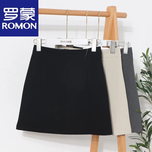 罗蒙（ROMON）2025学院风设计感下摆开叉半身裙高腰包臀A字短裙防走光西装裙子 黑色 S 80-90斤