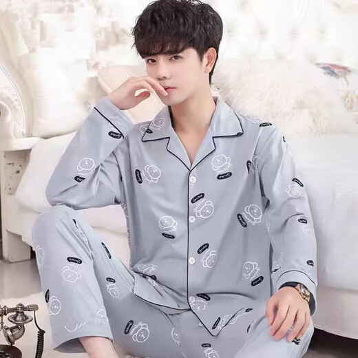 Cat Ren Nian Pajamas Men Summer Summer Spring de manga larga y otoño Estudiante de la solapa para hombres del hogar Juego de solapa de gran tamaño de gran tamaño