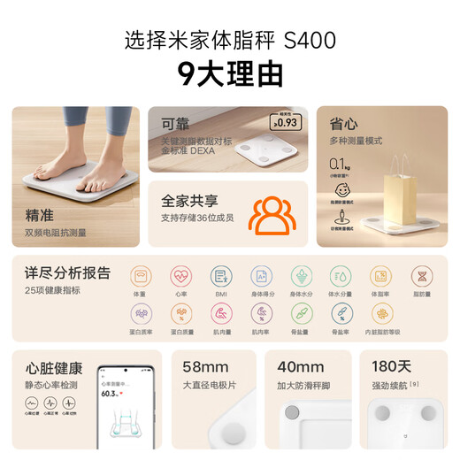 MIJIA XIAOMI Escala de grasa corporal inteligente S400 White Double Connectado Escala electrónica ESCALA DE PESO ESCACIÓN ALTA PRECACIACIÓN 25 Balance de datos físicos Conformado de prueba y pérdida de peso Gestión de peso