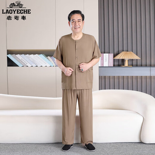 Classic car new fashion fashion home middle-aged dad artificial cotton suit elderly cotton silk pajamas men's cardigan summer short navy blue 4XL recommended 165-195Jin Jin equals 0.5 kg