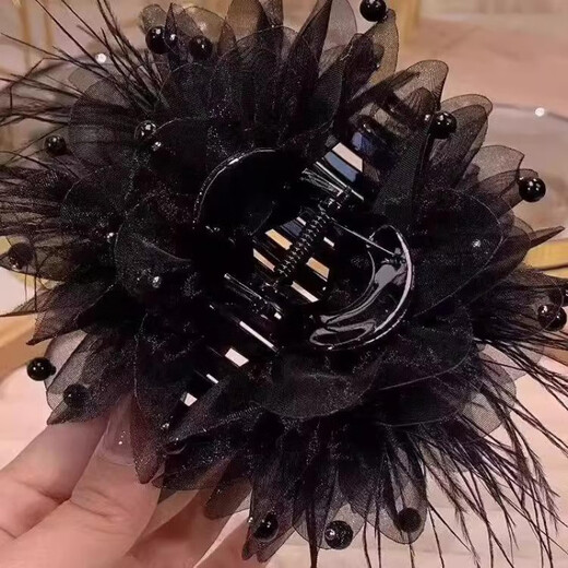 Suyi embroidered peony flower tassel grab clip for women 2024 new style shark clip feather hairpin headdress on the back of the head showing hair volume black 13CM