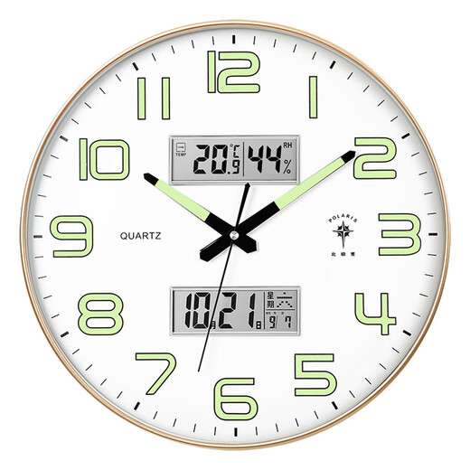 Polaris (POLARIS) luminous clock automatic time setting wall clock living room fashion home simple 2025 new smart clock wall hanging champagne gold-silent travel time calendar week temperature and humidity 12 inches diameter 30.5 cm