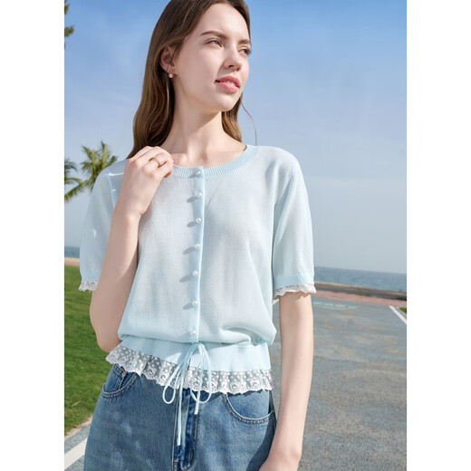 百图betu女装2025夏季新款毛针织衫莱赛尔凉感蕾丝花边上衣女2505X23 粉红 M