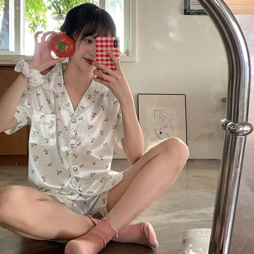 欧伦黛ins新款碎花冰丝睡衣女夏季薄款小清新休闲少女家居服套装可外穿 套YFY9901【丝滑凉感型】 M 【建议80-100斤】