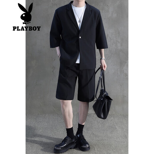 
Playboy (PLAYBOY) 2-piece short-sleeved suit for boys 2025 summer new suit jacket with five-point trousers for men dark gray S
