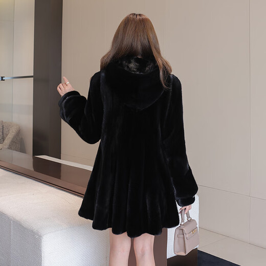 
Winter home brand fur imported mink coat for women, whole mink medium-length hooded mink fur coat for women 6 waves, black L 100Jin[Jin equals 0.5 kg]-120Jin[Jin equals 0.5 kg]