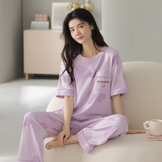 雅鹿新款睡衣女春夏季新疆棉短袖长裤薄款棉可爱学生家居服女套 XYZ9720 M