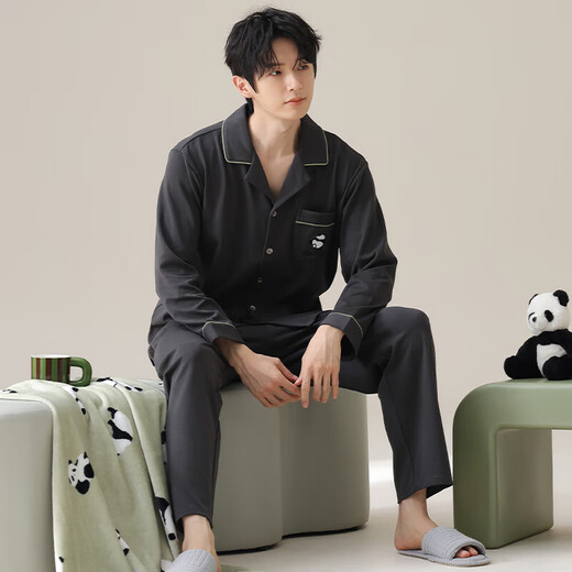 
100% pure cotton men's pajamas spring and autumn lapel long sleeve trousers cotton suit for middle-aged and young people to go out loosely T16802 men's style [long sleeve + trousers] L [120Jin[Jin equals 0.5 kg]]