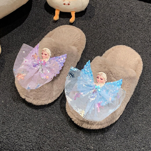 SKONWAT children's winter plush plush slippers, fashionable new girls' Elsa Princess home flat heel Baotou warm cotton slippers, white, size 26-27, inner length 18cm