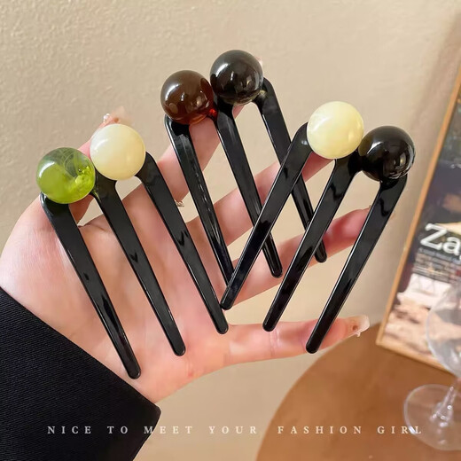 Meng Junchen's new Chinese style U-shaped beaded three-tooth hairpin, ball headband hair artifact, comb, simple ancient style hairpin, Hanfu headdress, green rice three-tooth hairpin