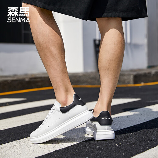 森马2025新款板鞋小白鞋男厚底休闲潮流皮面纯色透气男鞋百搭松糕 9227白黑色 41