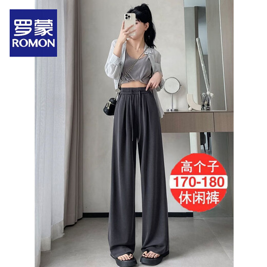 罗蒙（ROMON）铜氨丝窄版阔腿裤女夏季薄款高腰垂感小个子冰丝灰色直筒休闲裤子 673#深灰色【长】 常规 S 【建议90斤以下】