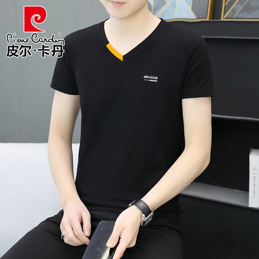 皮尔卡丹夏季新款男士棉V领半袖T恤潮流休闲小字母印花鸡心领短袖体恤衫 691 白色 M 90-100斤