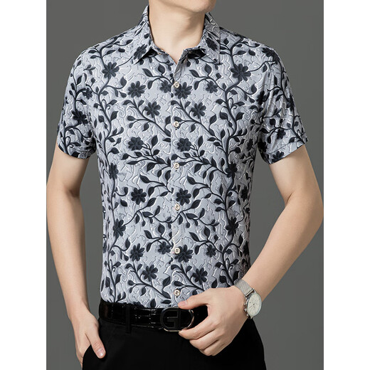 
Seven Wolfs (SW1960) summer print short-sleeved floral shirt men's handsome Chinese style dragon pattern ice silk inch shirt half-sleeved casual daddy suit yellow 9898 model M 170