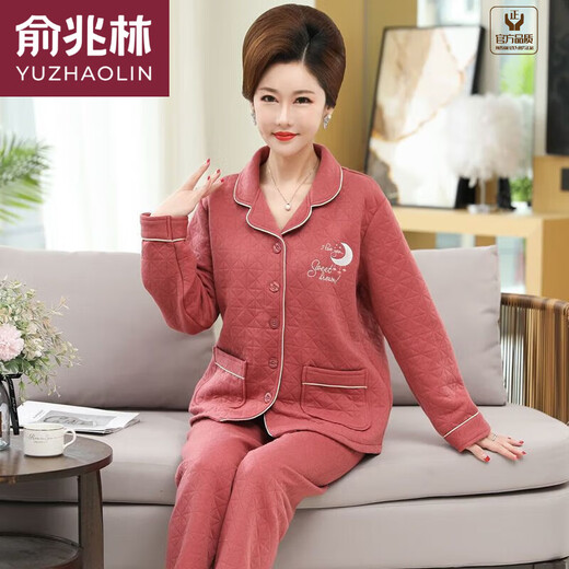 俞兆林夹层棉睡衣女中年妈妈纯棉长袖中老年家居服春秋冬季加厚保暖套装 LH3887 L 建议体重100-120斤