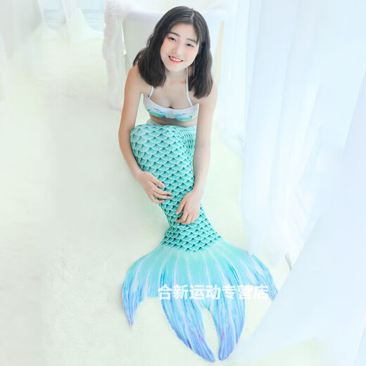 戎美丹尼美人鱼尾巴男女分体比基尼泳衣脚蹼儿童成人亲子度假摄影温泉服装 蓝色单鱼尾 L码建议身高160-165CM