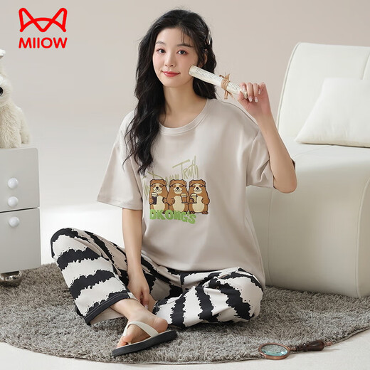 
Catman (MiiOW) pure cotton pajamas for women short-sleeved trousers in summer Korean style women round neck suit thin cotton outside home clothing RN9721# short-sleeved trousers pure cotton M (80-100Jin [Jin equals 0.5 kg])