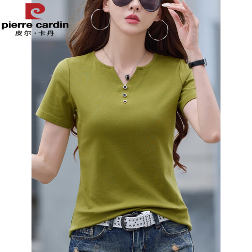Pier Cardin 2025 Summer Nuevo diseño de hombro suelto con cuello en V suelto de algodón puro camiseta de algodón corto de manga corta Temperamento de alta gama camiseta versátil 6623 Linglong Purple (estilo de botón) S sugerido 80-95 Jin [Jin iguala 0.5 kg]