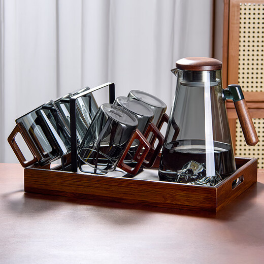 Fu Jian cold kettle, cold kettle glass, high temperature resistance, household large-capacity cold boiled water cup, fruit camellia teapot, refrigerator kettle, kettle set, one pot with six cups + cup holder + tea tray, Guanshan cold kettle