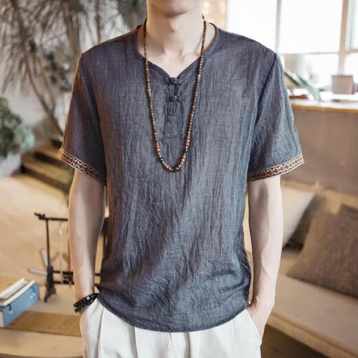 Zoscheter Chinesischer Stil Herren im chinesischen Stil von Herren T-Shirt Herren Kurzärärmelte lose, große, dünne, lässige Schnalle Retro-Baumwollwäsche auf 686 Sky Blue L 115jin [Jin ist 0,5 kg]