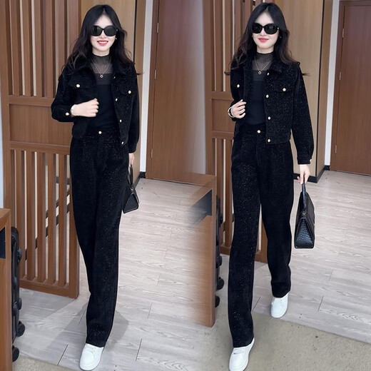 酷章（KUZHANG）洋气减龄运动服套装女2025深春时尚小个子显高短外套阔腿裤两件套 6198#黑色春秋款 M 建议100斤内