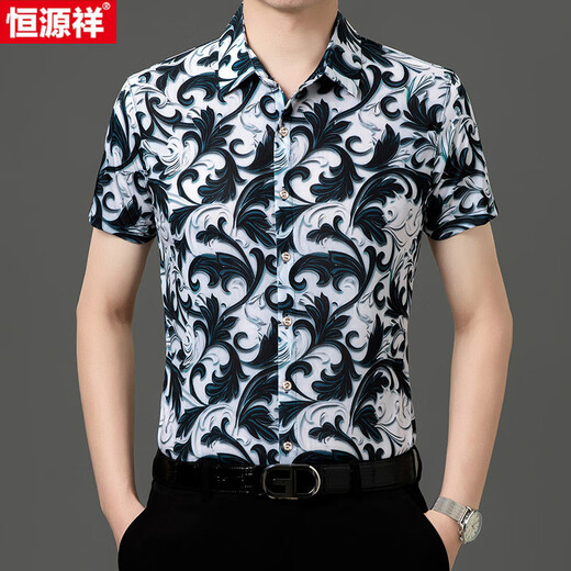 恒源祥夏季桑蚕丝短袖印花衬衫男冰.丝半袖免烫花衬衣休闲中年爸爸薄款 Y81-9898黑色 3XL 185【180-195斤】