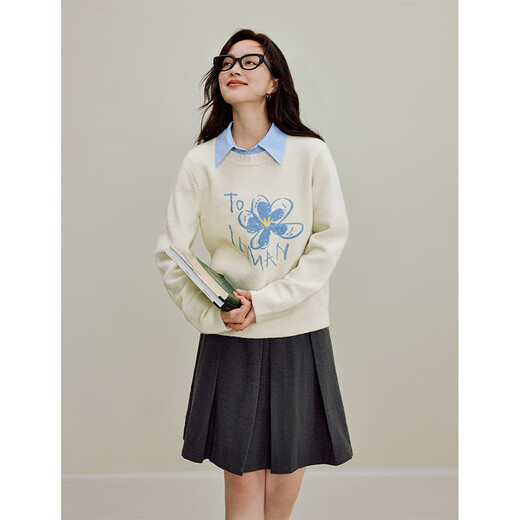 Inman 2025 autumn and winter women's new retro three-dimensional flower embroidered white sweater long-sleeved pullover top white S