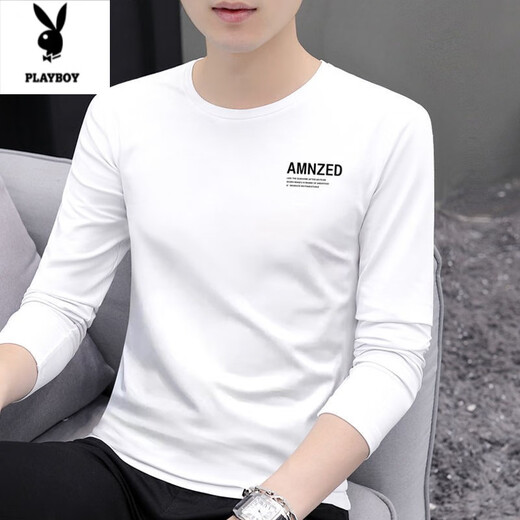Playboy (Playboy) Langarmed T-Shirt für Männer 2025 Herbst neues Basishemd für Männer Frühling und Herbst Casual Ice Seidenrunde Hals Top für Männer 9209 Black M Empfohlen 70-90jin [Jin gleich 0,5 kg]